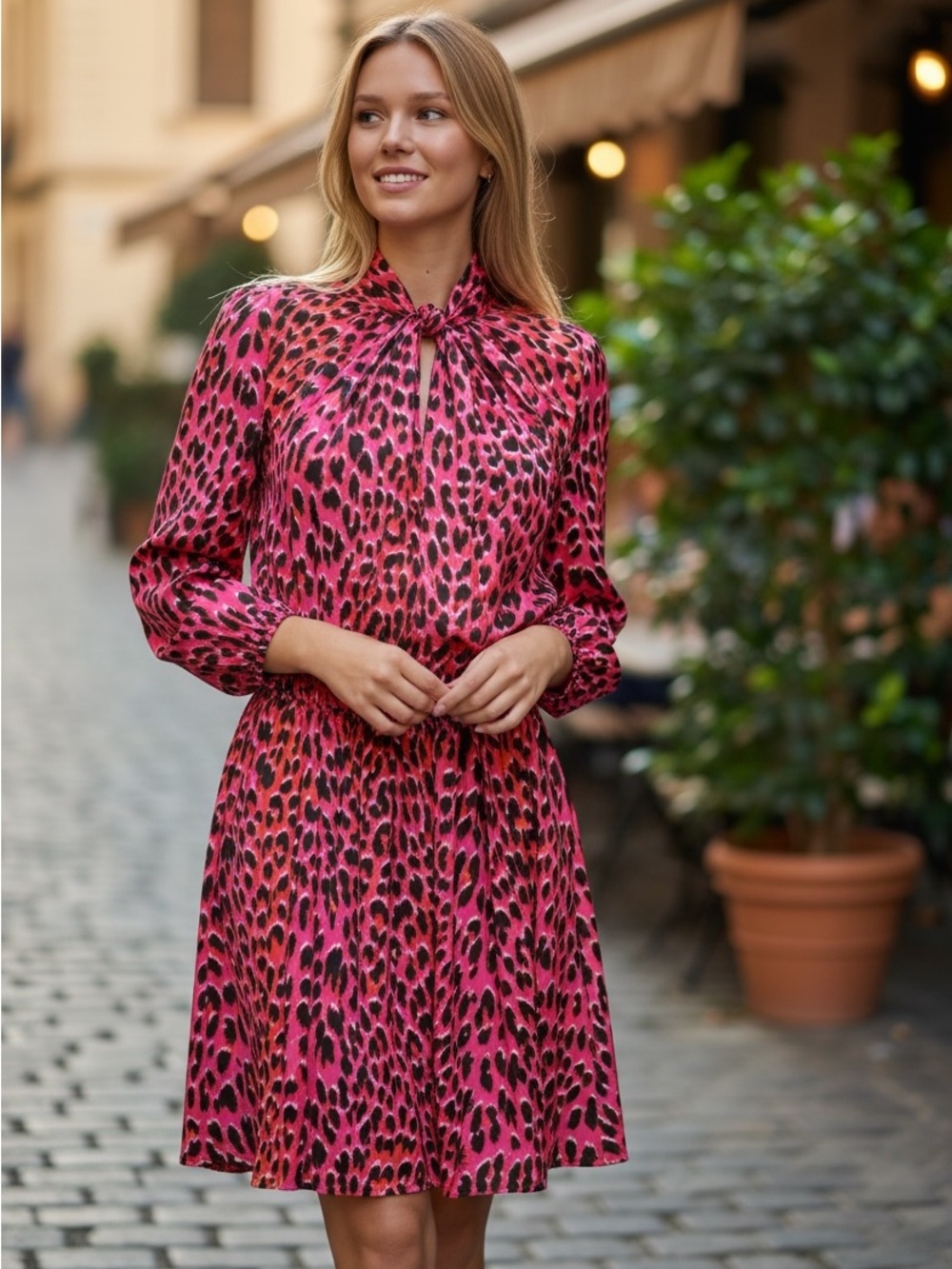 Zadig & Voltaire Pink and Black Leopard-Print Tie-Neck Long-Sleeve Dress Silk